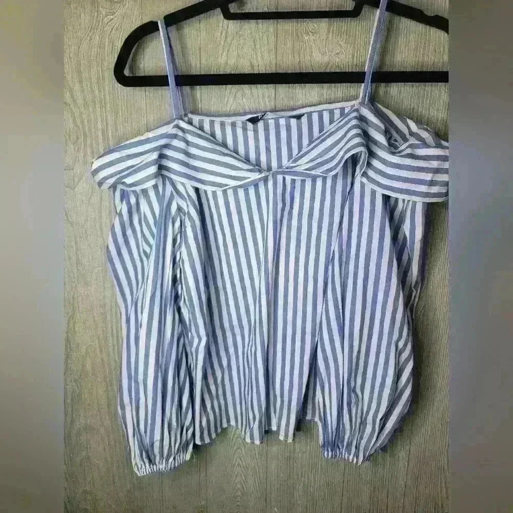 Zara Blue White Striped Off Shoulder Blouse Long Sleeve Spaghetti Strap Small